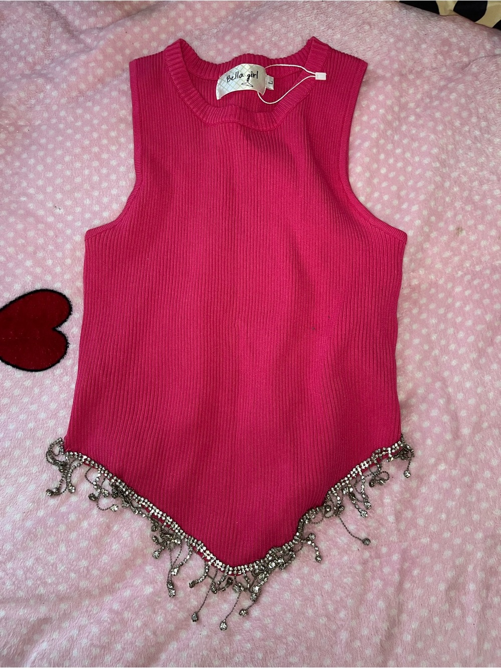 Barella Girl Hot Pink Beaded Fringe Ribbed Tank